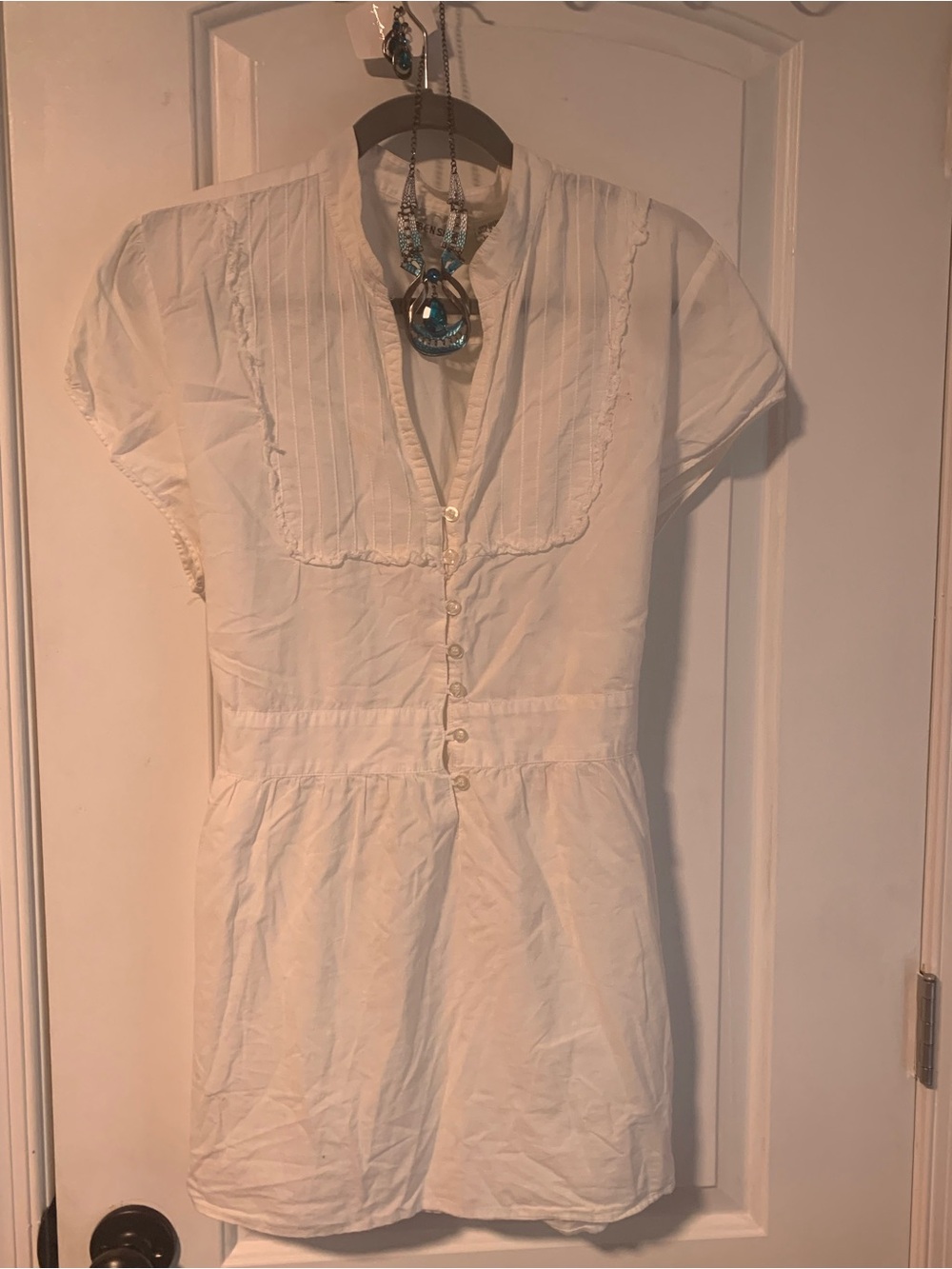 White Short Sleeve Button Front Tunic Shirt